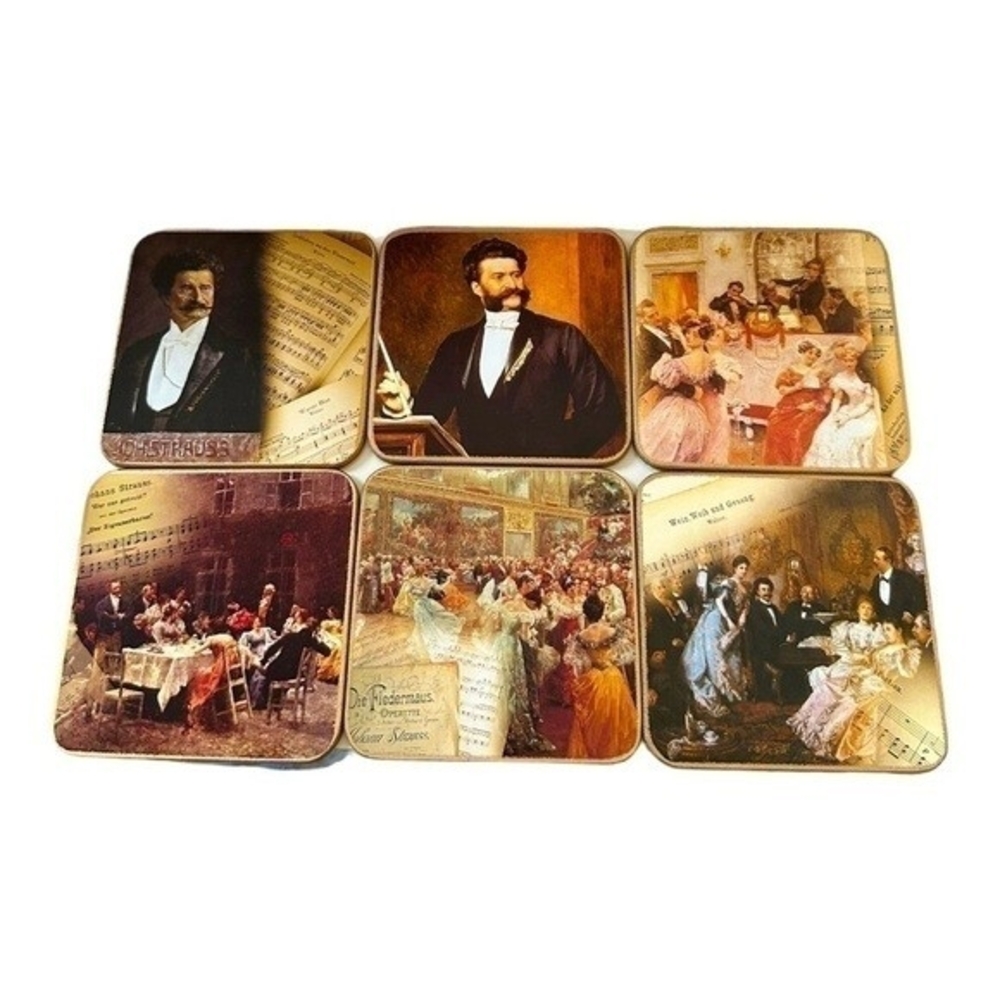Johann Strauss Musician Coasters Set 6 Classical Music Art 4x4 Cork Bottom NIB